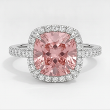 Peach Sapphire 2.8 Carat Natural Cushion Padparadscha Halo Pave Ring 14K White Gold