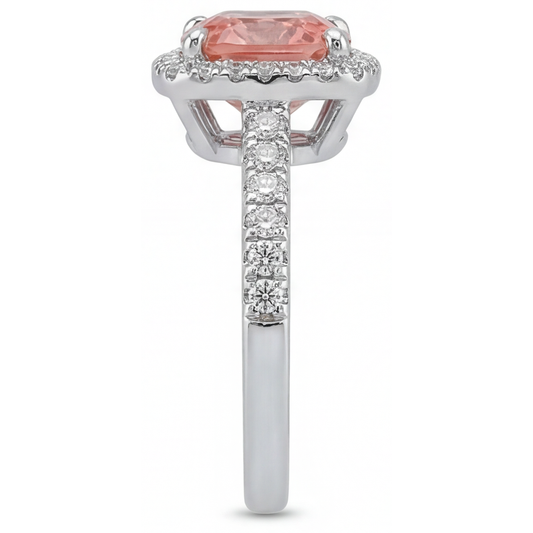 Vintage Padparadscha Sapphire Ring 2.8 Carat Real Cushion Halo Pave 14K White Gold
