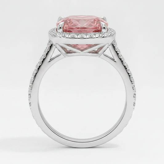 Peach Sapphire 2.8 Carat Natural Cushion Padparadscha Halo Pave Ring 14K White Gold