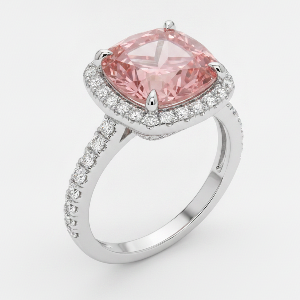 Peach Sapphire 2.8 Carat Natural Cushion Padparadscha Halo Pave Ring 14K White Gold