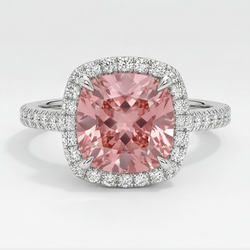 Peach Sapphire 2.8 Carat Natural Cushion Padparadscha Halo Pave Ring 14K White Gold