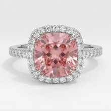 Peach Sapphire 2.8 Carat Natural Cushion Padparadscha Halo Pave Ring 14K White Gold