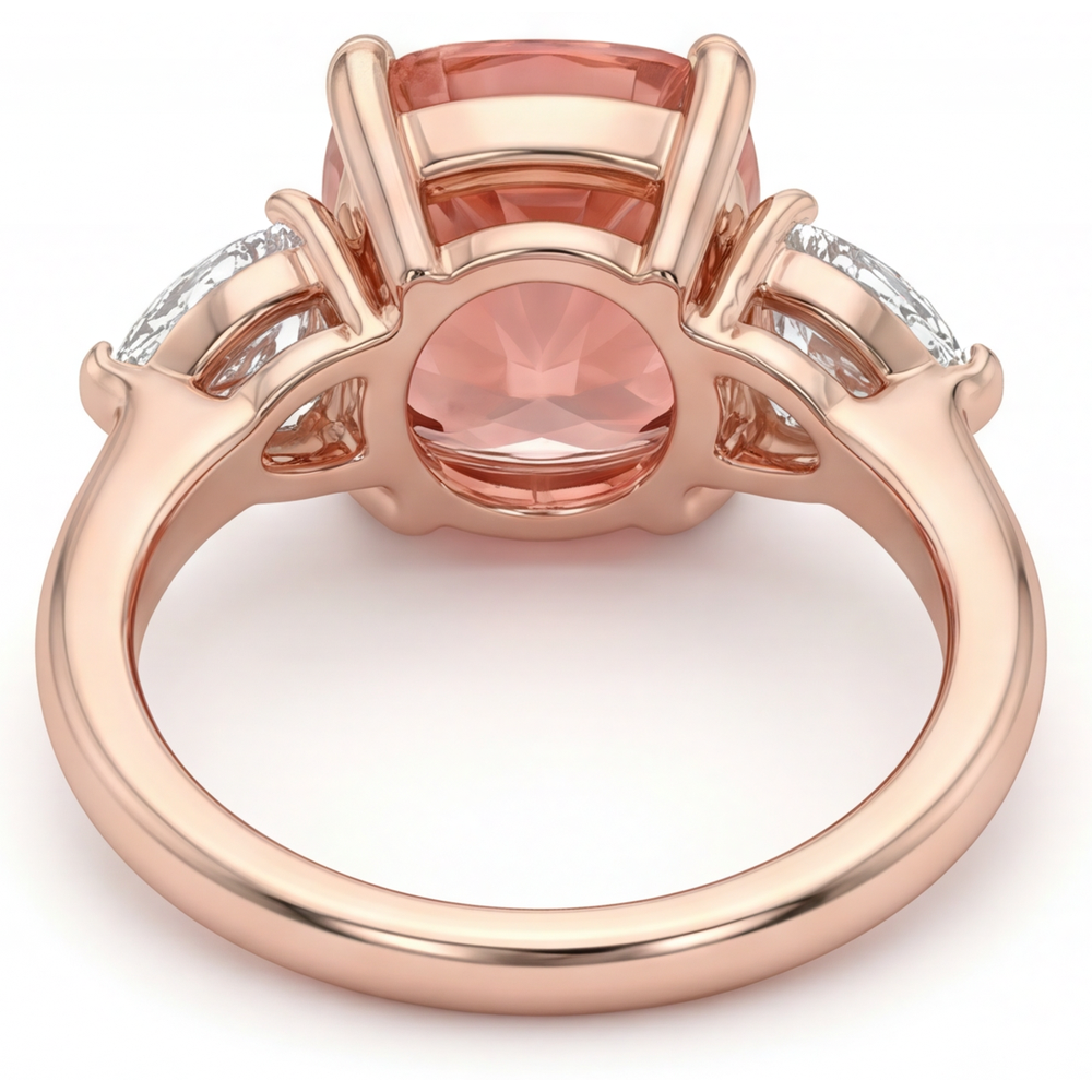 Padparadscha Sapphire Engagement Ring 2.9 Carat Natural Cushion Three Stone Plain 14K Rose Gold