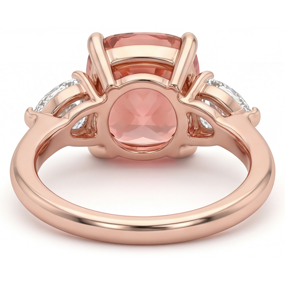 Padparadscha Sapphire Engagement Ring 2.9 Carat Natural Cushion Three Stone Plain 14K Rose Gold