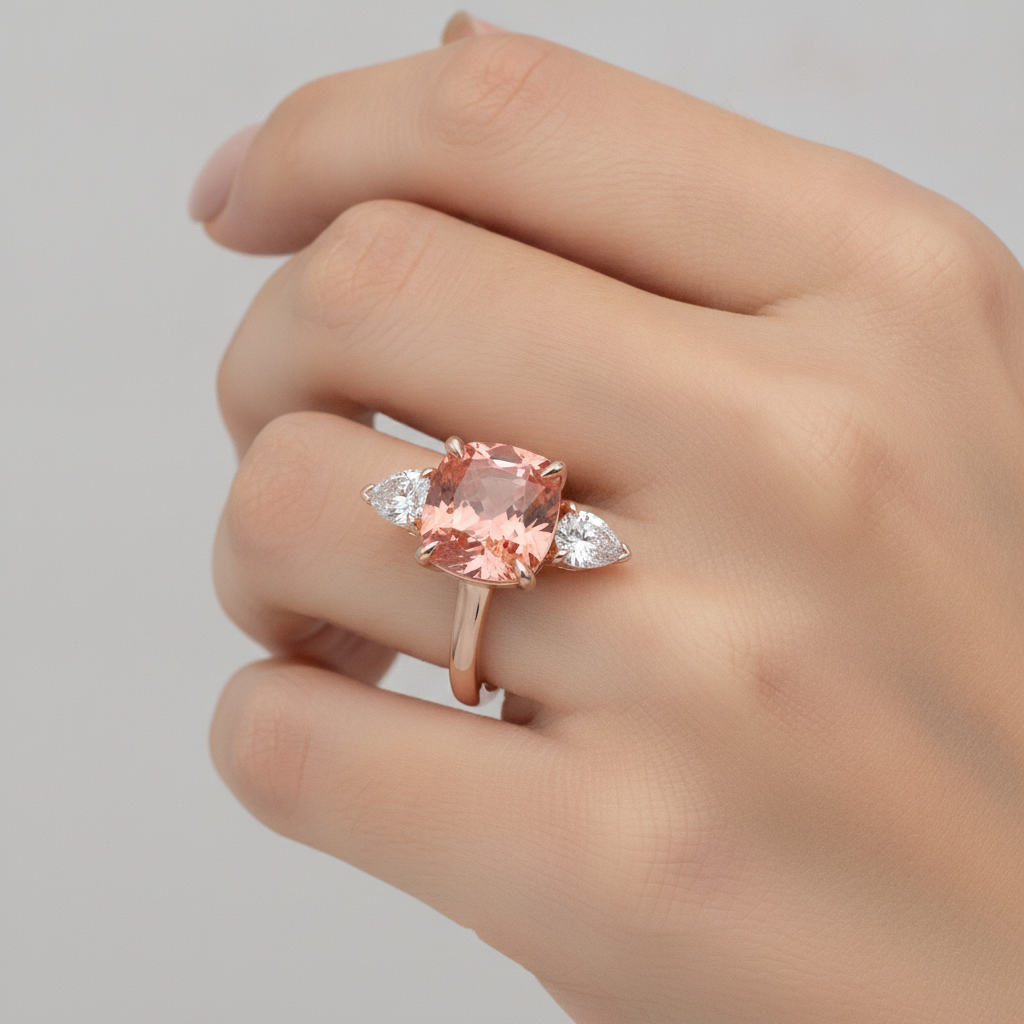 Padparadscha Sapphire Engagement Ring 2.9 Carat Natural Cushion Three Stone Plain 14K Rose Gold