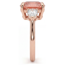 Peach Sapphire 2.9 Carat Natural Cushion Padparadscha and White Half Moon Three Stone Ring 14K Rose Gold