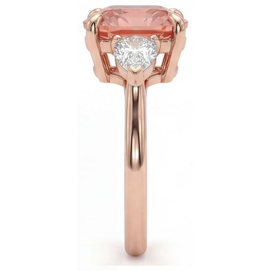 Peach Sapphire 2.9 Carat Natural Cushion Padparadscha and White Half Moon Three Stone Ring 14K Rose Gold