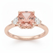 Peach Sapphire 2.9 Carat Natural Cushion Padparadscha and White Half Moon Three Stone Ring 14K Rose Gold