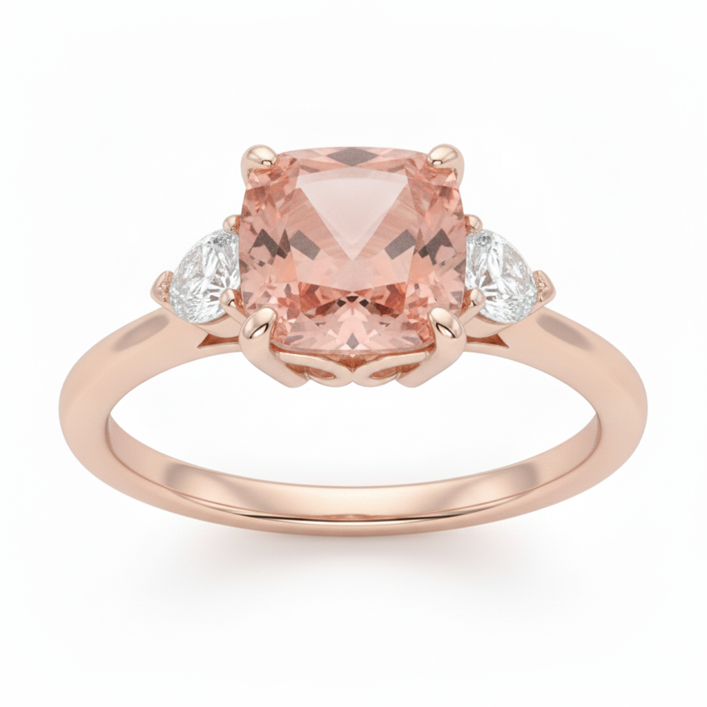 Peach Sapphire 2.9 Carat Natural Cushion Padparadscha and White Half Moon Three Stone Ring 14K Rose Gold