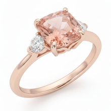 Peach Sapphire 2.9 Carat Natural Cushion Padparadscha and White Half Moon Three Stone Ring 14K Rose Gold