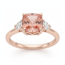 Peach Sapphire 2.9 Carat Natural Cushion Padparadscha and White Half Moon Three Stone Ring 14K Rose Gold