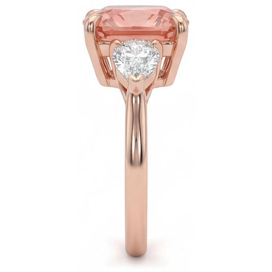 Peach Sapphire 2.9 Carat Natural Cushion Padparadscha Three Stone Tapered Ring 14K Rose Gold