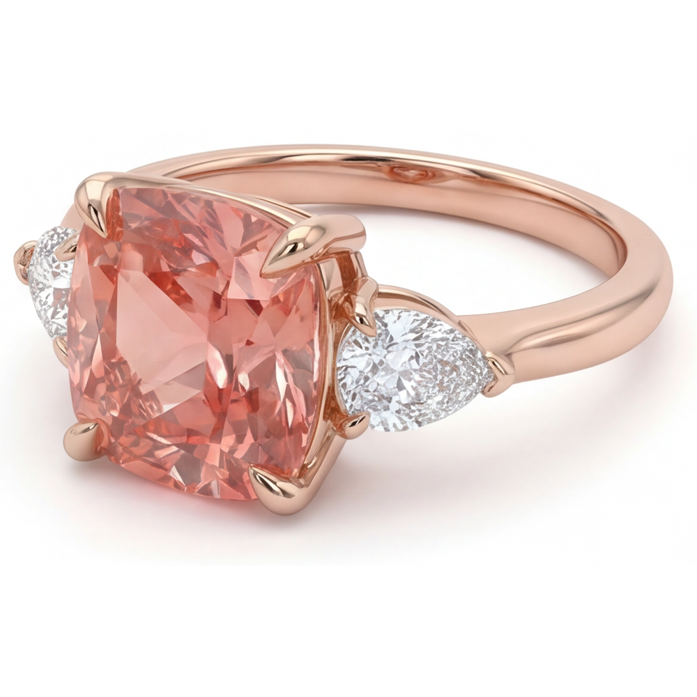 Peach Sapphire 2.9 Carat Natural Cushion Padparadscha Three Stone Tapered Ring 14K Rose Gold