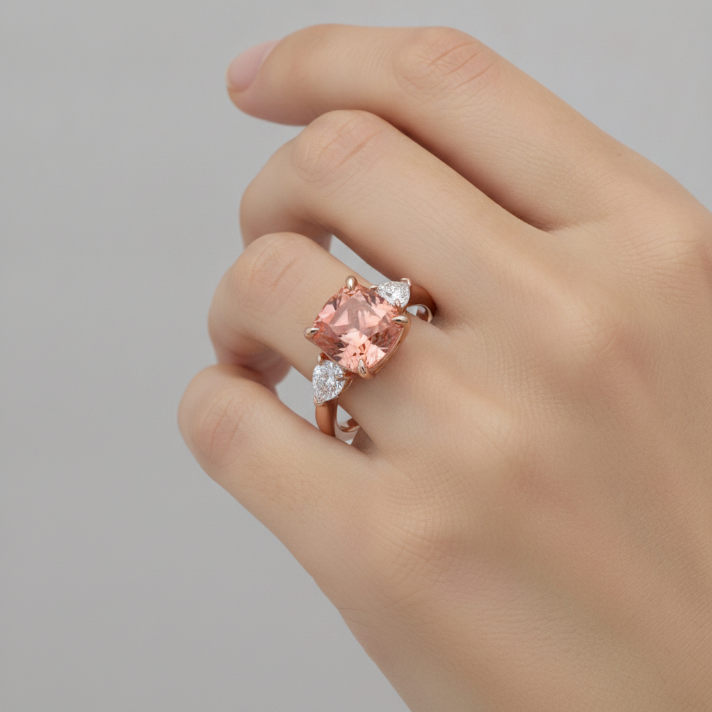 Peach Sapphire 2.9 Carat Natural Cushion Padparadscha Three Stone Tapered Ring 14K Rose Gold