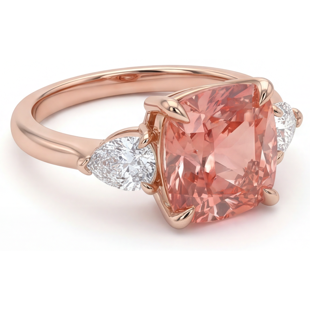 Peach Sapphire 2.9 Carat Natural Cushion Padparadscha Three Stone Tapered Ring 14K Rose Gold