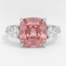 Padparadscha Sapphire Ring 3.6 Carat Natural Cushion Three Stone Platinum