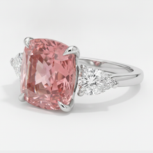 Padparadscha Sapphire Ring 3.6 Carat Natural Cushion Three Stone Platinum