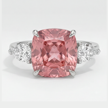 Padparadscha Sapphire Ring 3.6 Carat Natural Cushion Three Stone Platinum
