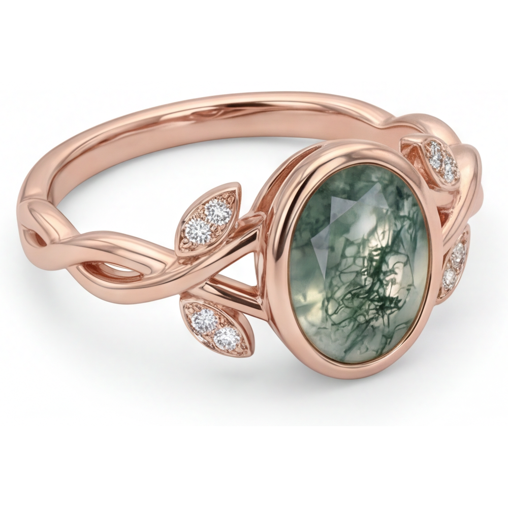 Natural Dendritic Agate Precious Stone Ring 2.75 ct 14K Rose Gold – front view