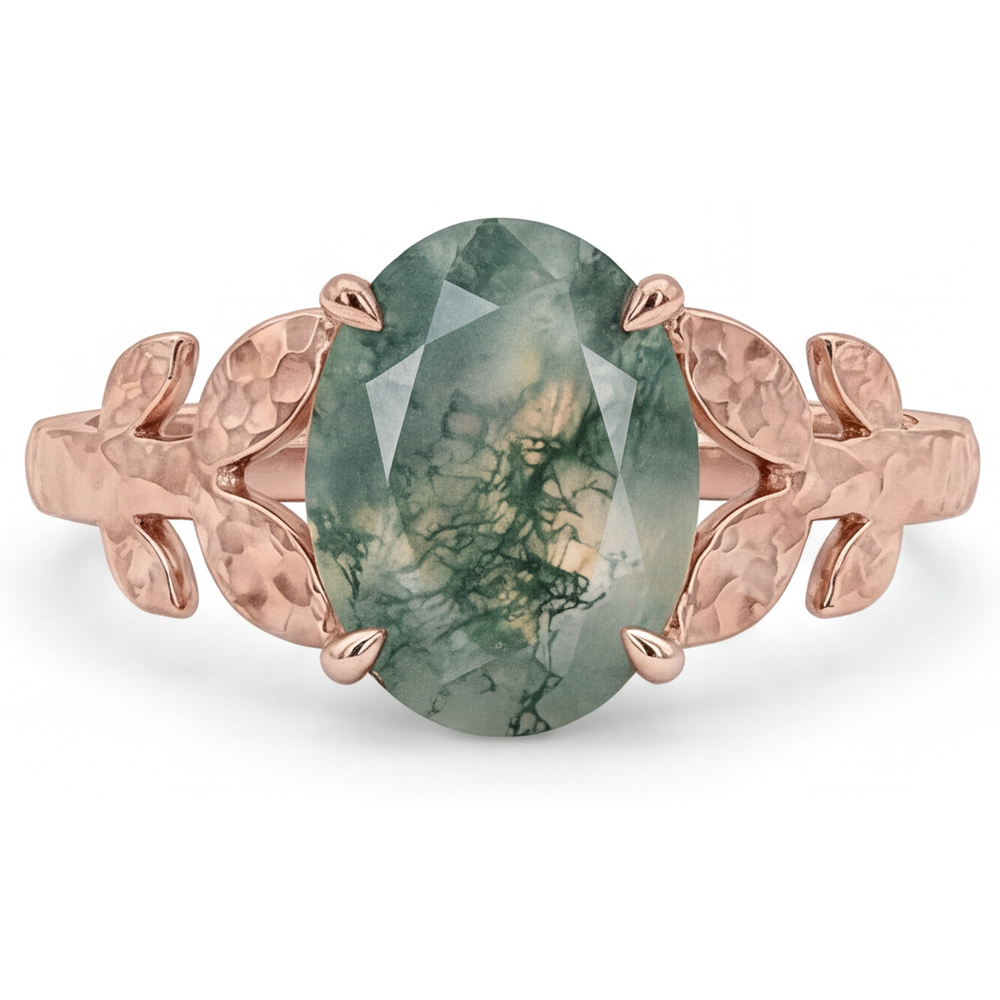 Dendritic Agate Oval Precious Stone Ring in 14K Rose Gold – main view