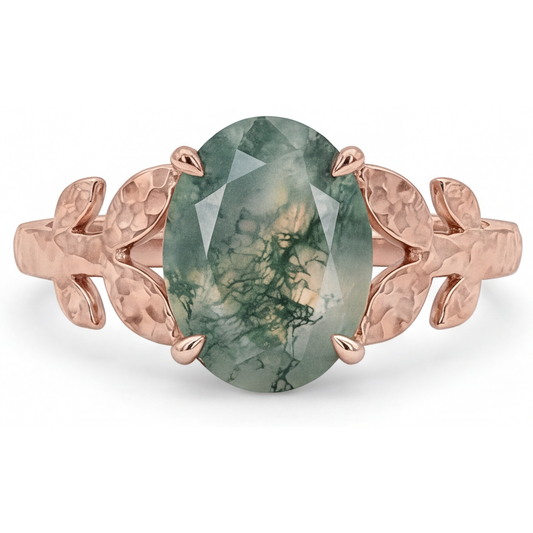 Dendritic Agate Oval Precious Stone Ring in 14K Rose Gold – main view