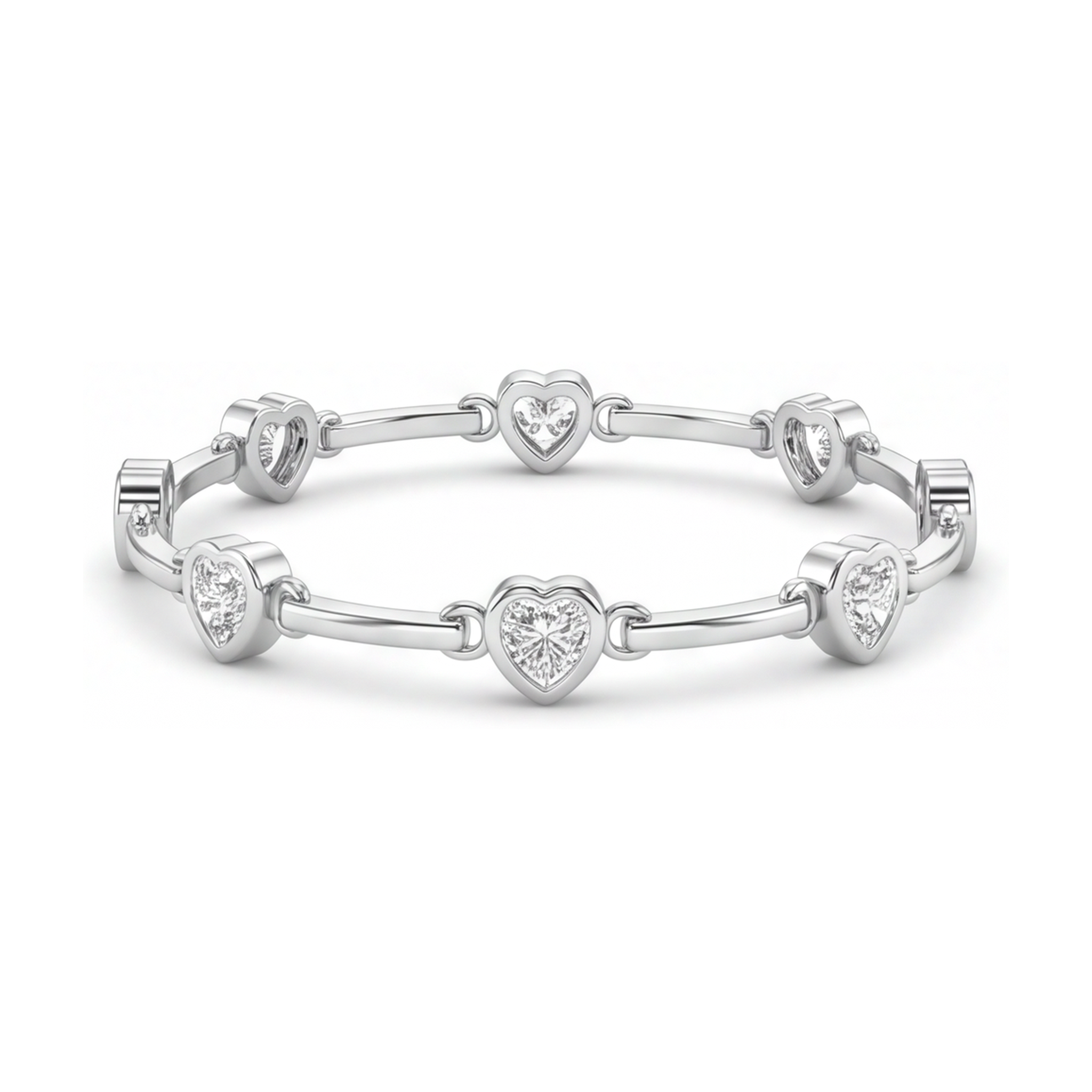 Diamond Heart Bracelet 4 Carat Lab Grown Bar Station 14K White Gold 7 Inch