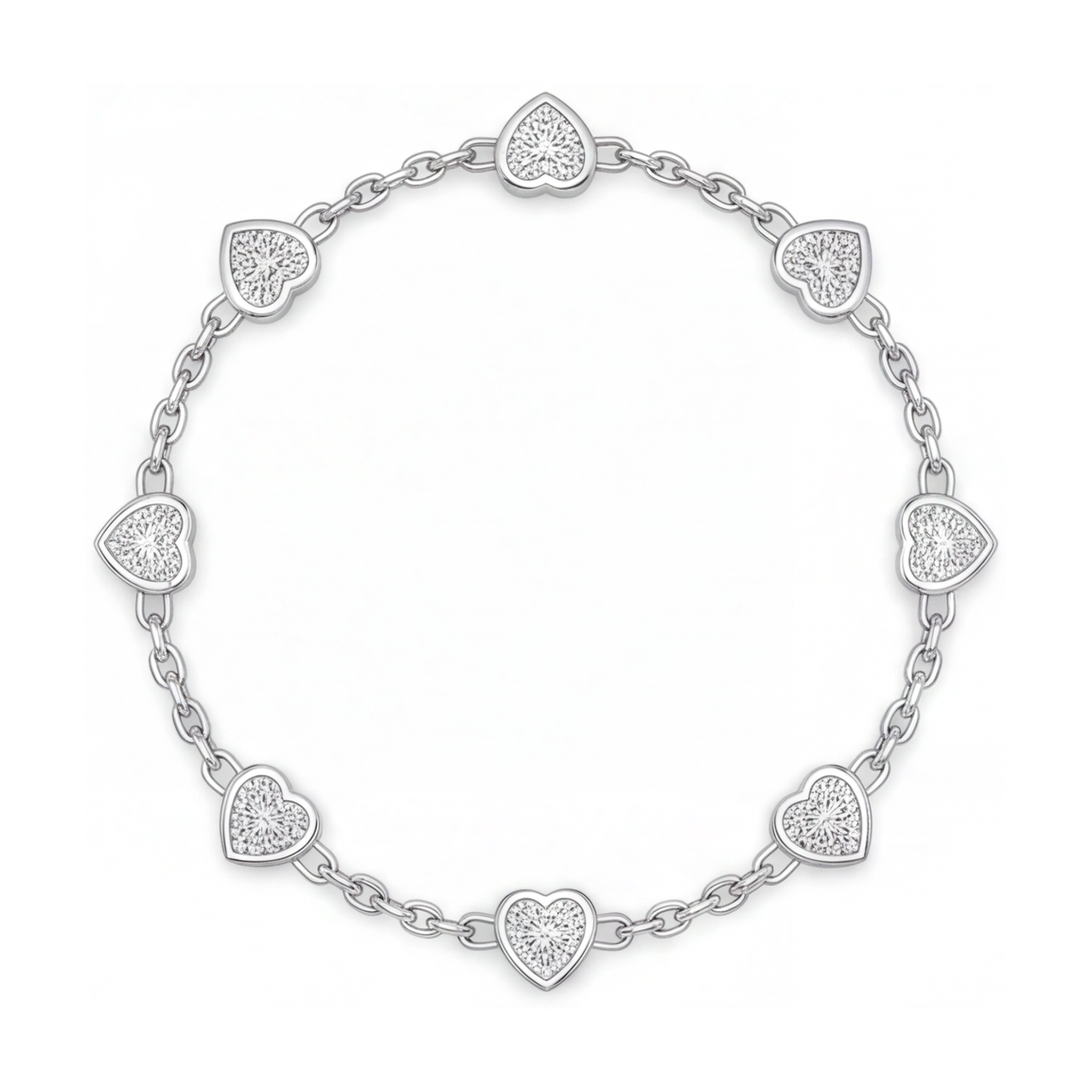 Diamond Heart Station Bracelet 3 Carat Lab Grown Bezel 14K White Gold 7 Inch