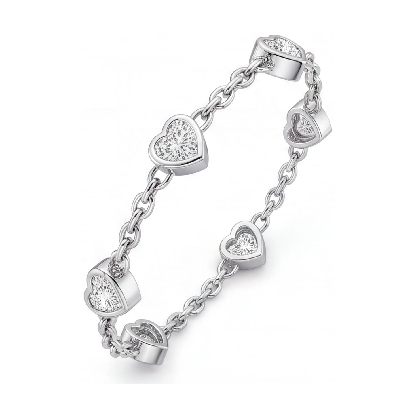 Diamond Heart Station Bracelet 3 Carat Lab Grown Bezel 14K White Gold 7 Inch