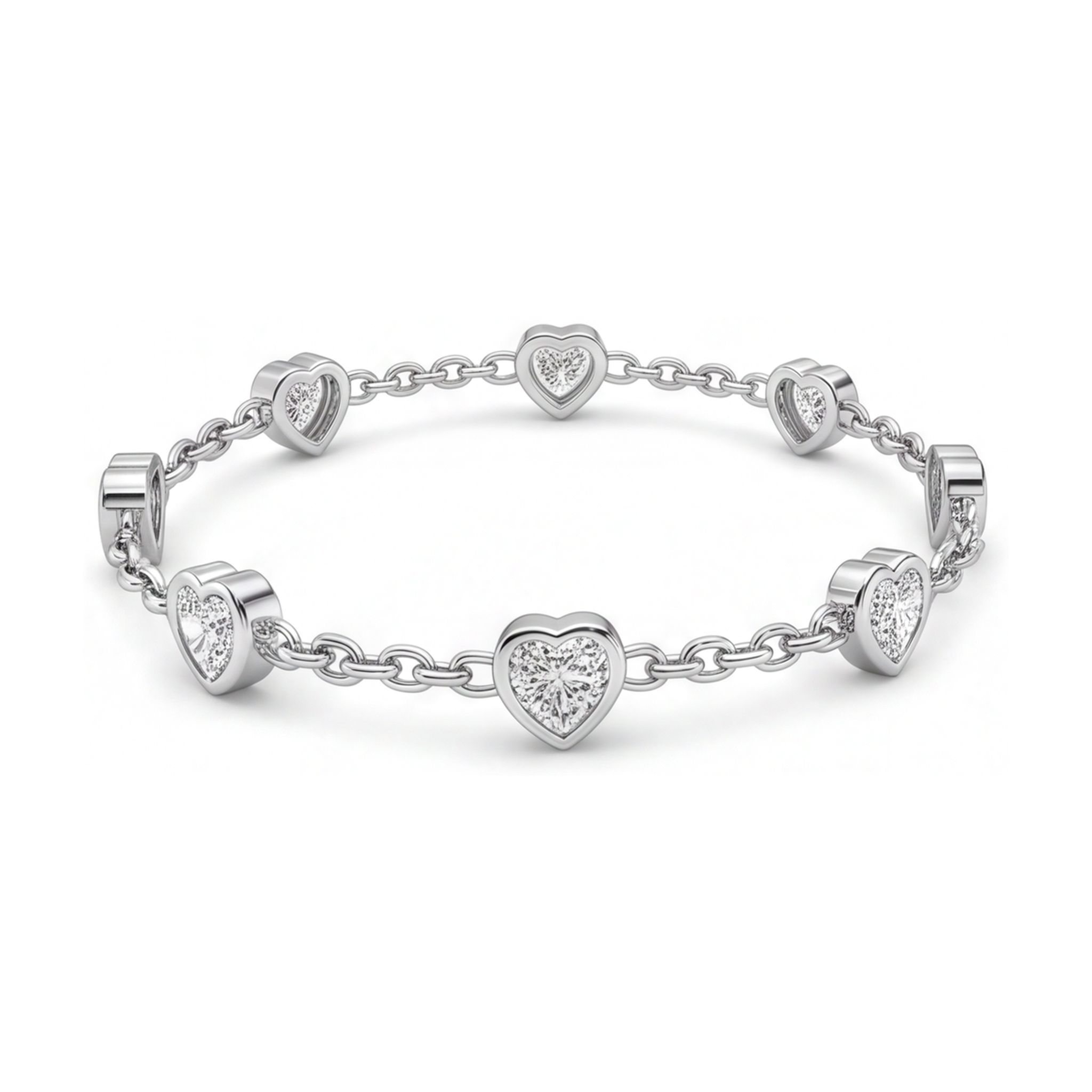 Diamond Heart Station Bracelet 3 Carat Lab Grown Bezel 14K White Gold 7 Inch