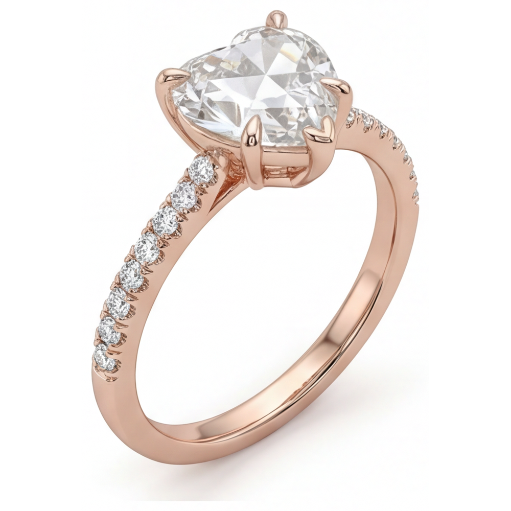 Diamond Heart Shape Solitaire with Side Stones in 14K Rose Gold – side view