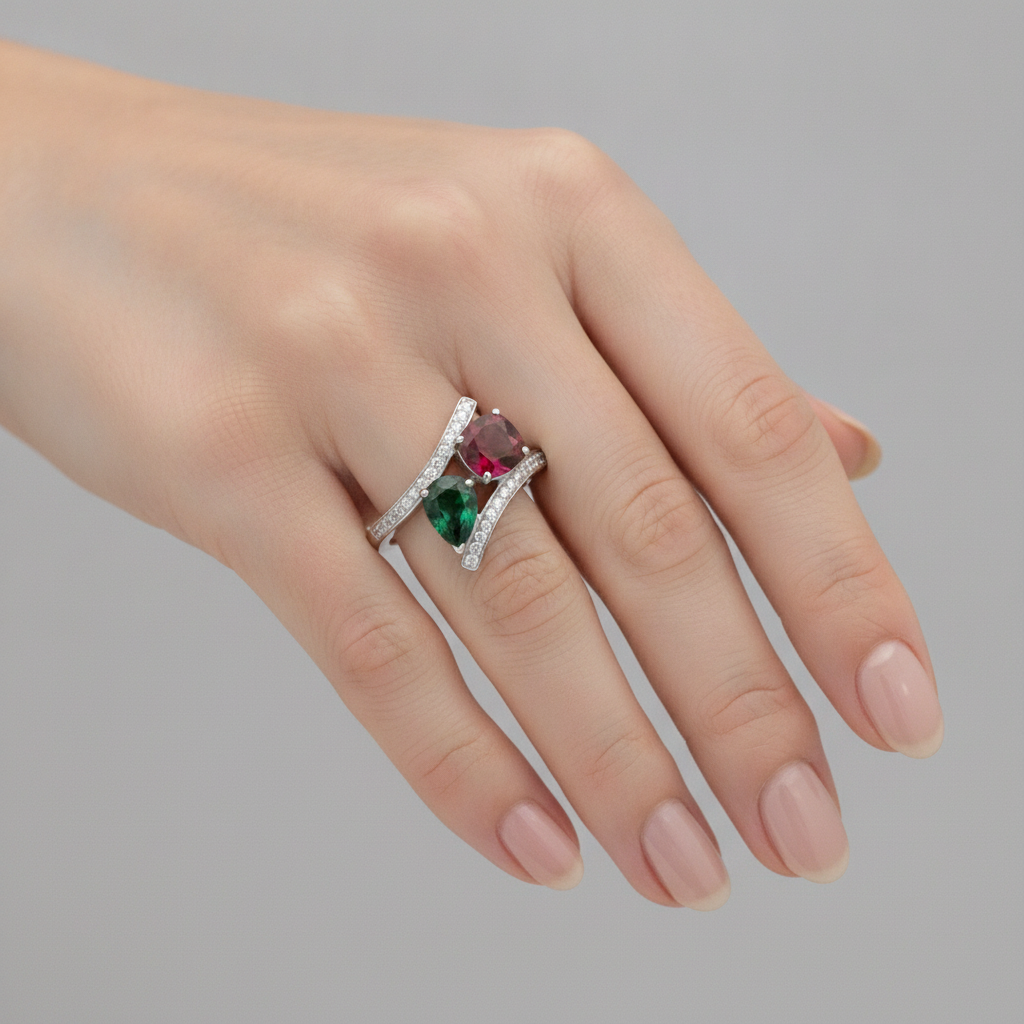 Emerald Engagement Ring 1.5 Carat Real Green Two Stone 18K White Gold