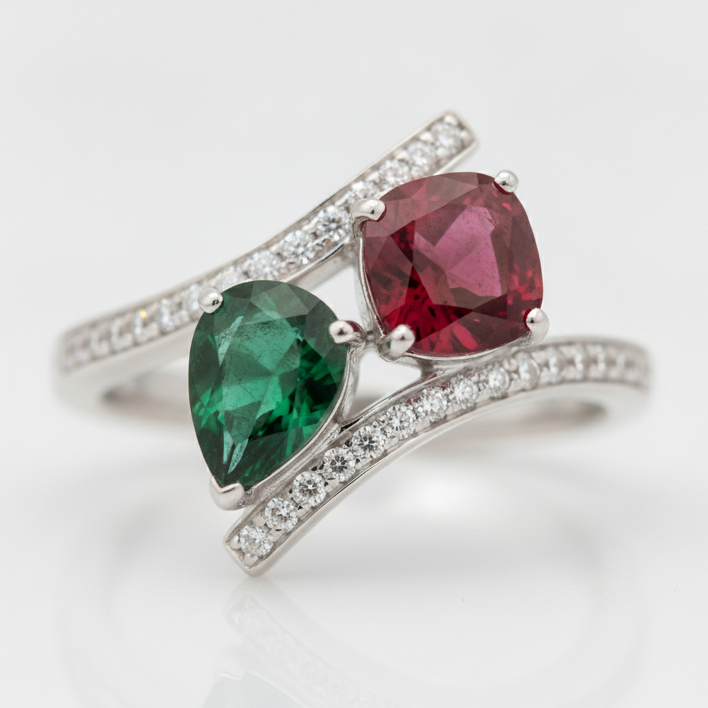 Emerald Engagement Ring 1.5 Carat Real Green Two Stone 18K White Gold
