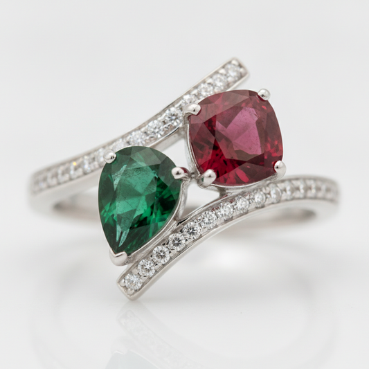Emerald Engagement Ring 1.5 Carat Real Green Two Stone 18K White Gold