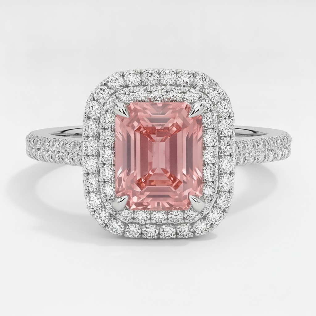 Padparadscha Sapphire Ring 3.8 Carat Natural Emerald Double Halo 14K White Gold