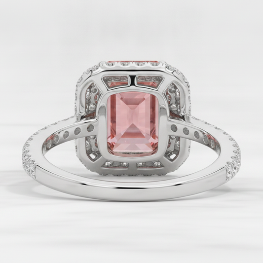 Padparadscha Sapphire Ring 3.8 Carat Natural Emerald Double Halo 14K White Gold