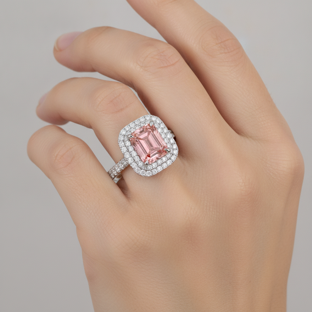 Padparadscha Sapphire Ring 3.8 Carat Natural Emerald Double Halo 14K White Gold