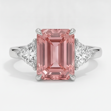 Padparadscha Sapphire Ring 3.6 Carat Real Emerald and White Trilliant Three Stone Platinum