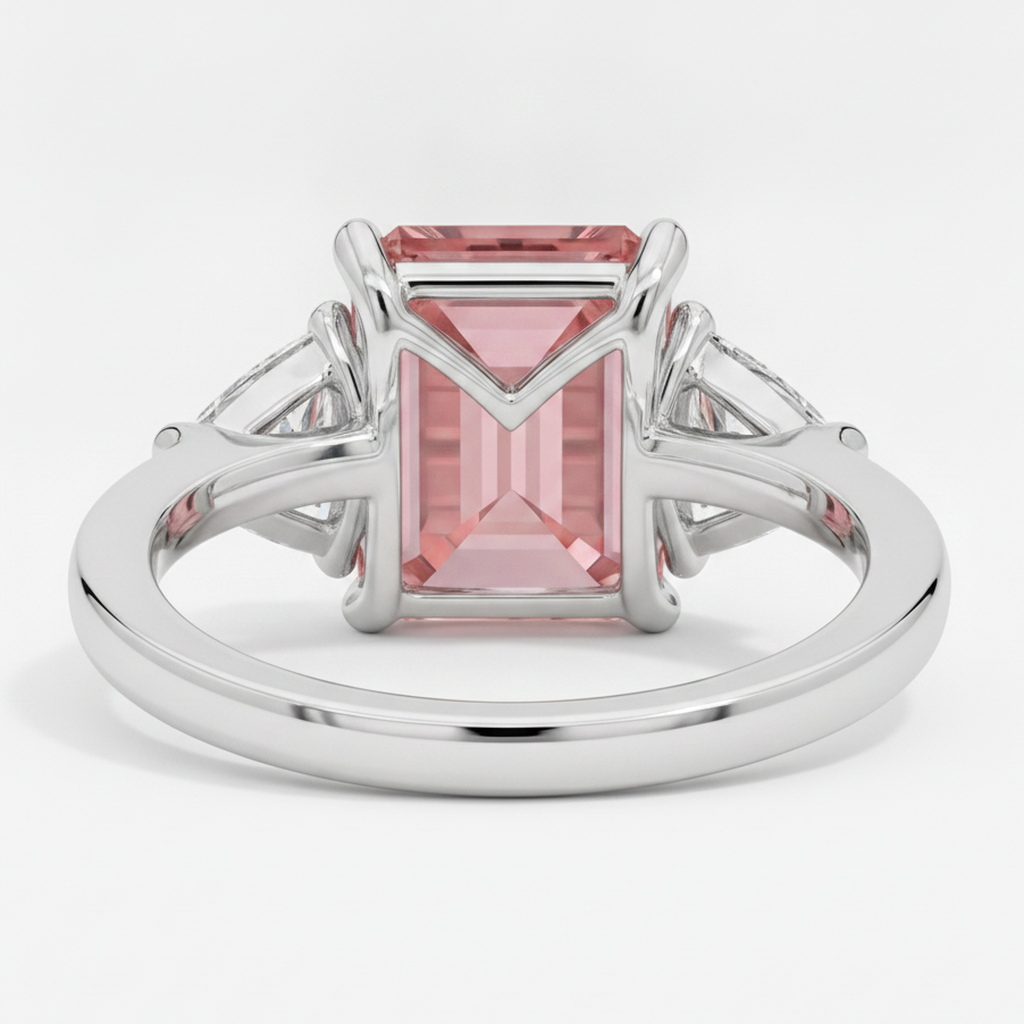 Padparadscha Sapphire Ring 3.6 Carat Real Emerald and White Trilliant Three Stone Platinum
