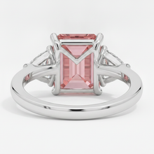 Padparadscha Sapphire Ring 3.6 Carat Real Emerald and White Trilliant Three Stone Platinum