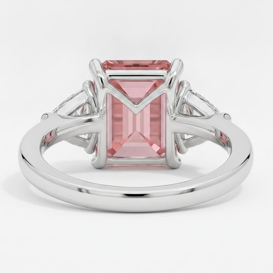 Padparadscha Sapphire Ring 3.6 Carat Real Emerald and White Trilliant Three Stone Platinum