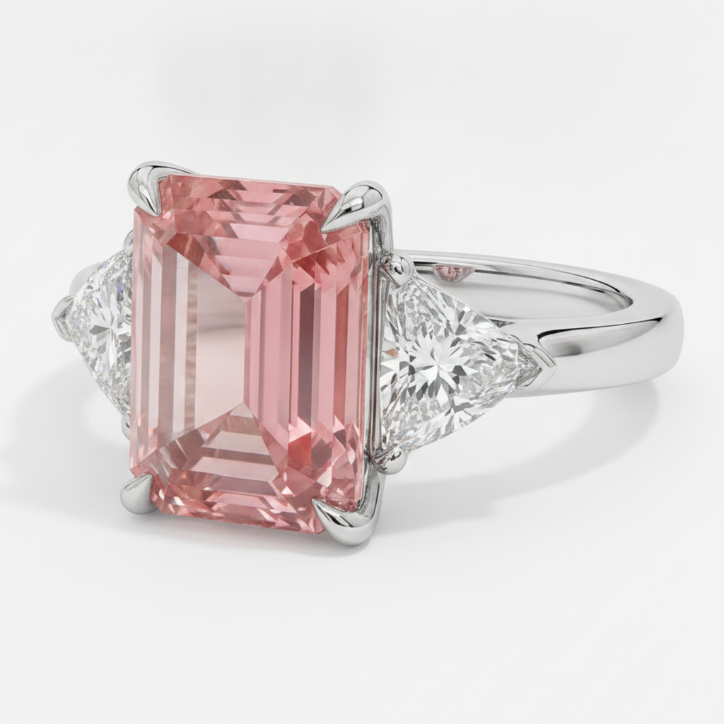Padparadscha Sapphire Ring 3.6 Carat Real Emerald and White Trilliant Three Stone Platinum