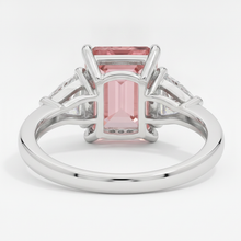 Padparadscha Sapphire Ring 3.6 Carat Real Emerald and White Trilliant Three Stone Platinum