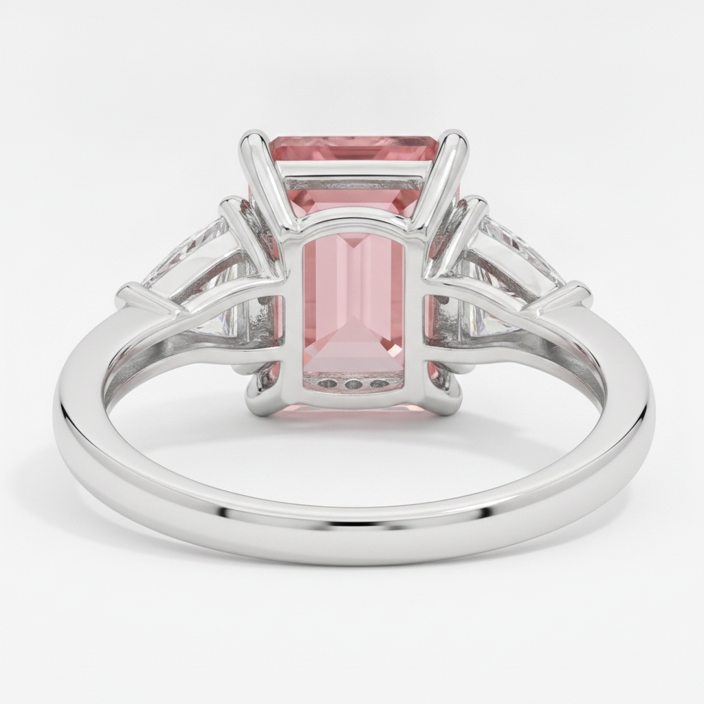 Padparadscha Sapphire Ring 3.6 Carat Real Emerald and White Trilliant Three Stone Platinum