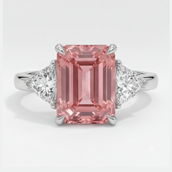Padparadscha Sapphire Ring 3.6 Carat Real Emerald and White Trilliant Three Stone Platinum