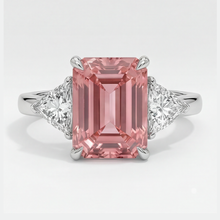 Padparadscha Sapphire Ring 3.6 Carat Real Emerald and White Trilliant Three Stone Platinum