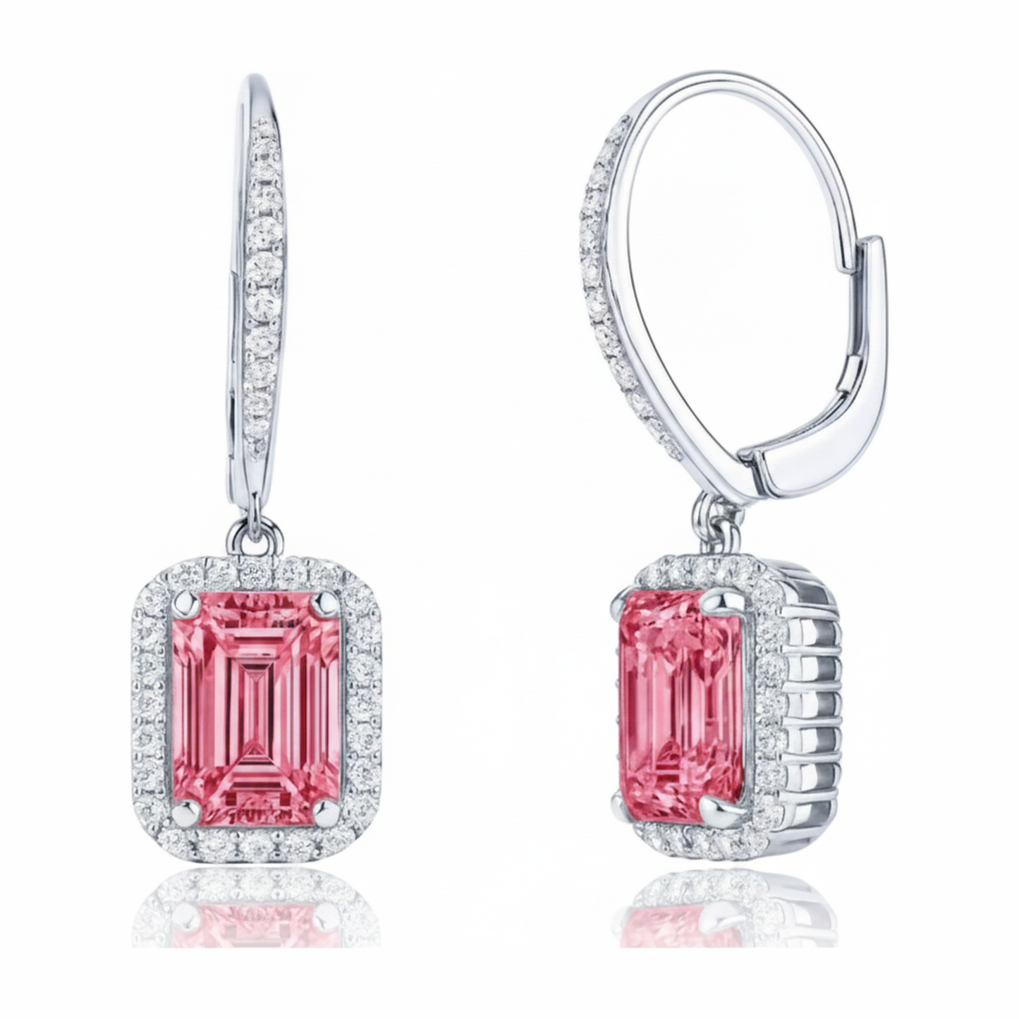 Pink Diamond Earrings 2.4 Carat Lab Grown Emerald Halo Leverback 14K White Gold