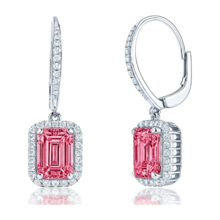 Pink Diamond Earrings 2.4 Carat Lab Grown Emerald Halo Leverback 14K White Gold