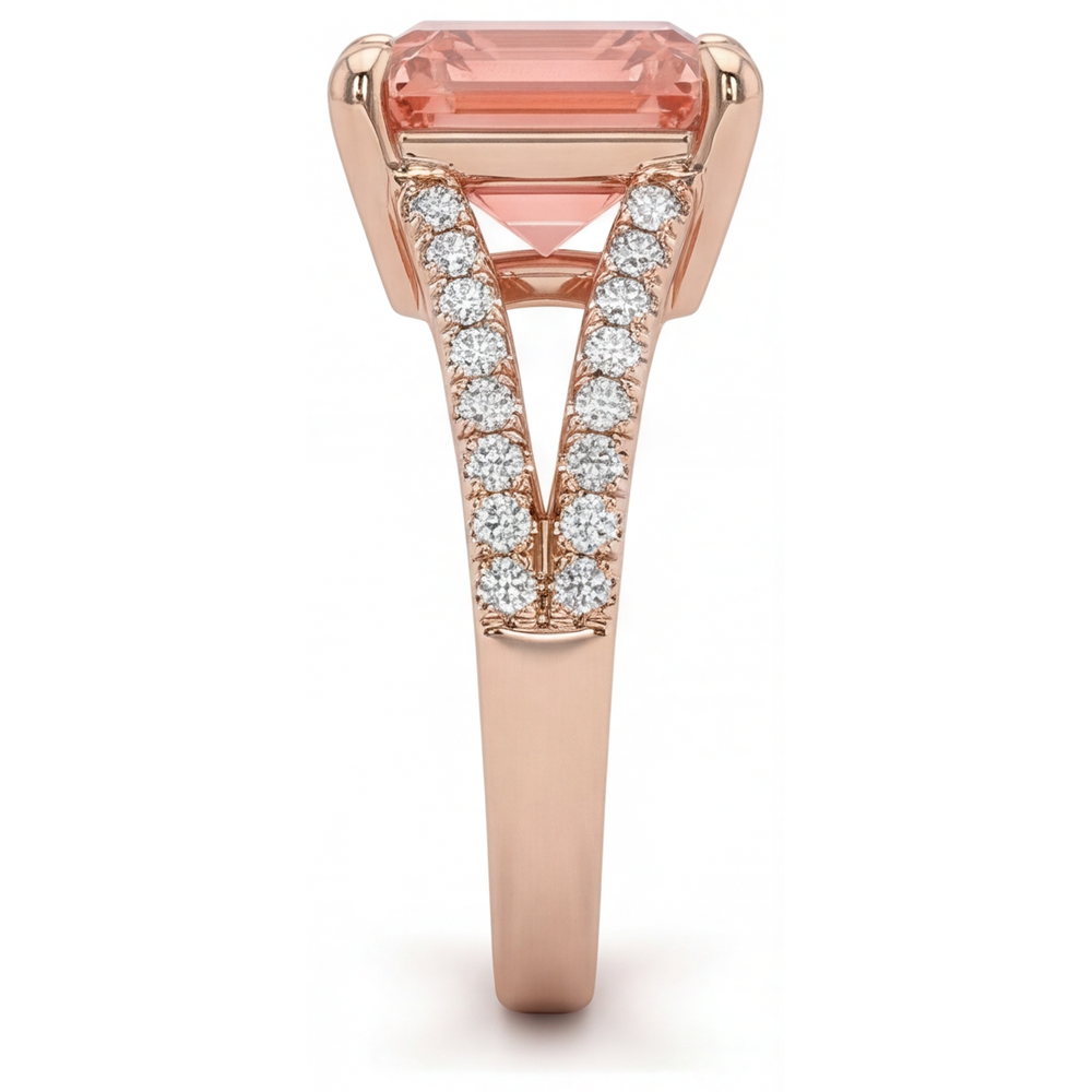Peach Sapphire Engagement Ring 4.3 Carat Lab Grown Emerald Padparadscha Pave 14K Rose Gold