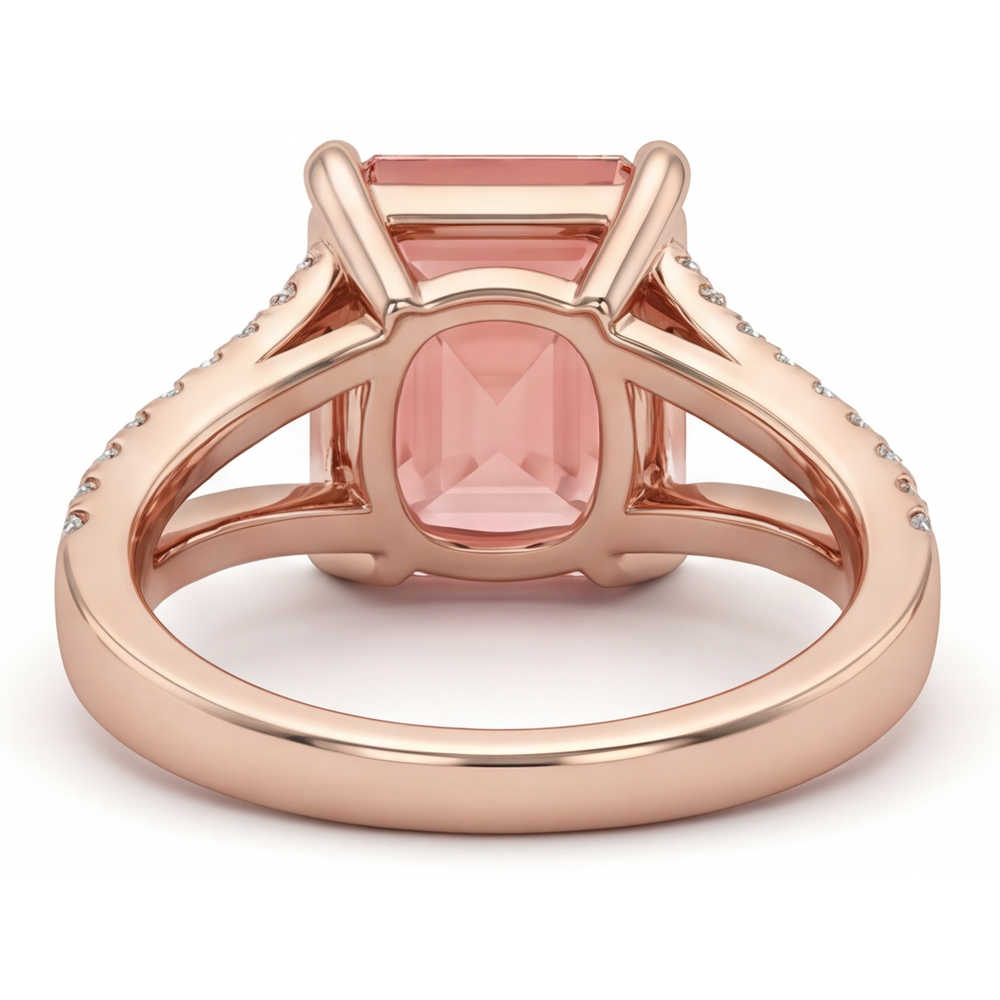 Peach Sapphire Engagement Ring 4.3 Carat Lab Grown Emerald Padparadscha Pave 14K Rose Gold