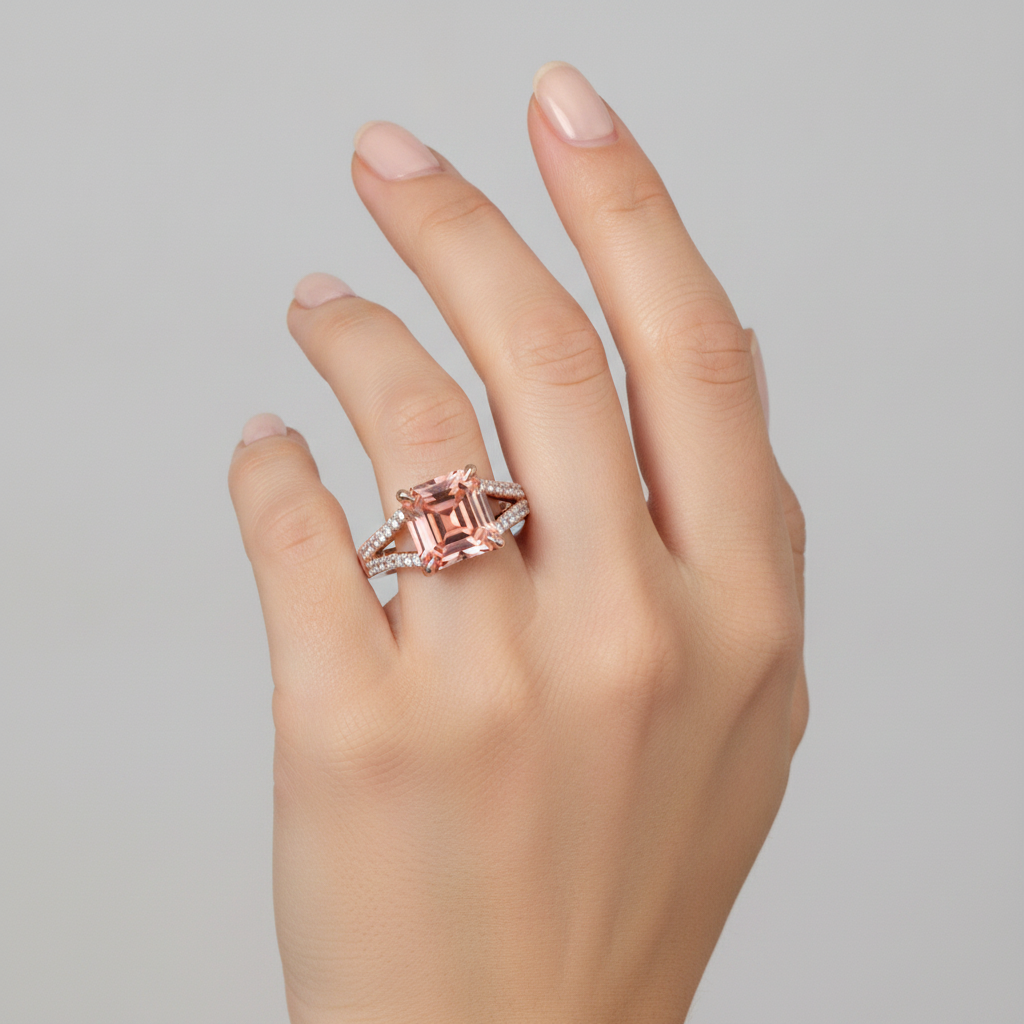 Peach Sapphire Engagement Ring 4.3 Carat Lab Grown Emerald Padparadscha Pave 14K Rose Gold